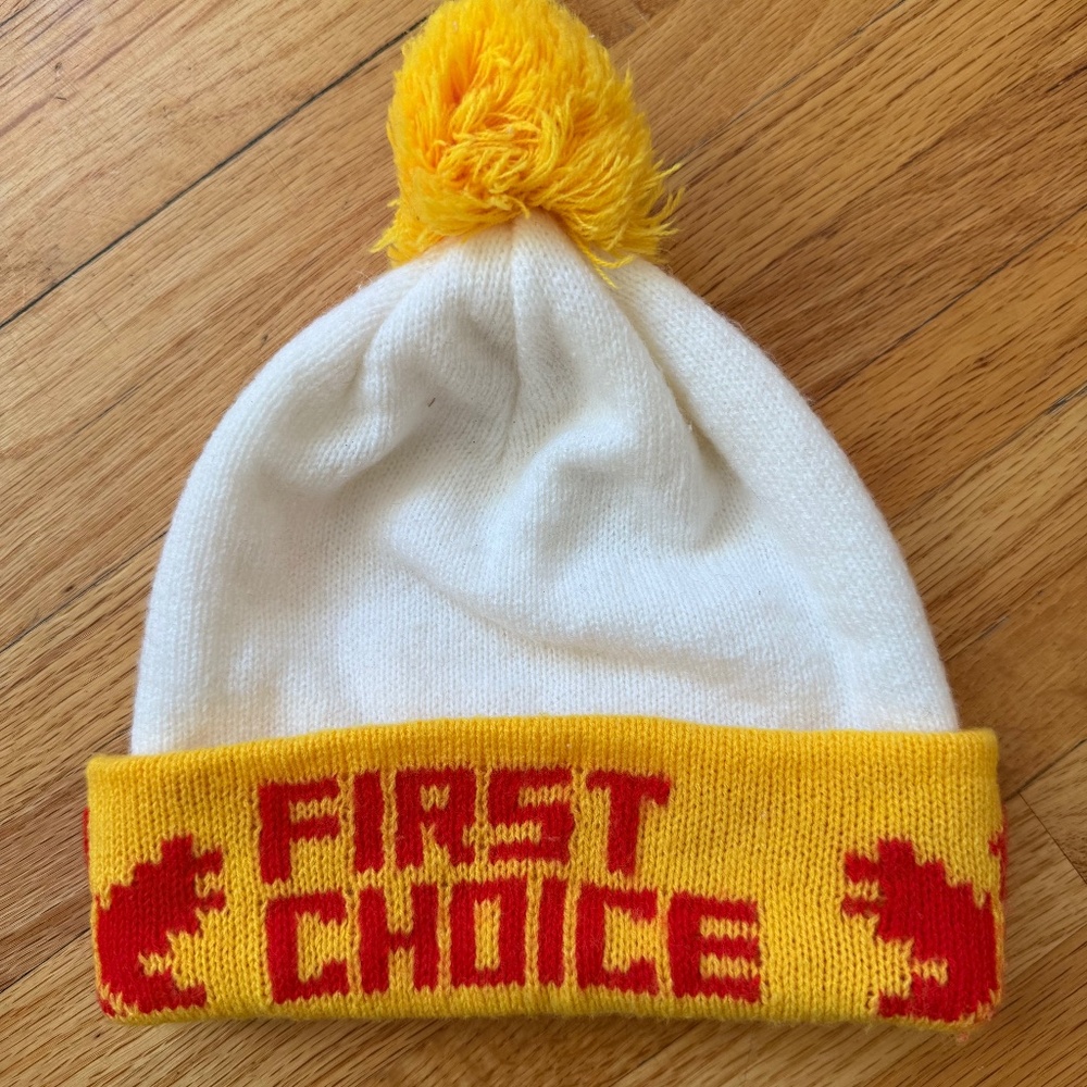 Vintage White & Yellow Pom-Pom Beanie – “First Choice” Graphic * Fun retro